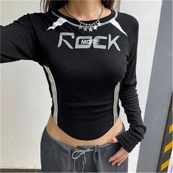 Siyah More Rock Şerit Detaylı Uzun Kollu Crop