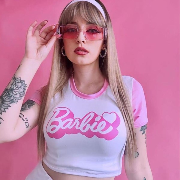 Beyaz Barbie Pembe Kollu Yarım T-Shirt