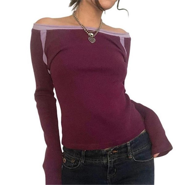 Bordo Kayık Yaka Basic Uzun Kollu Crop