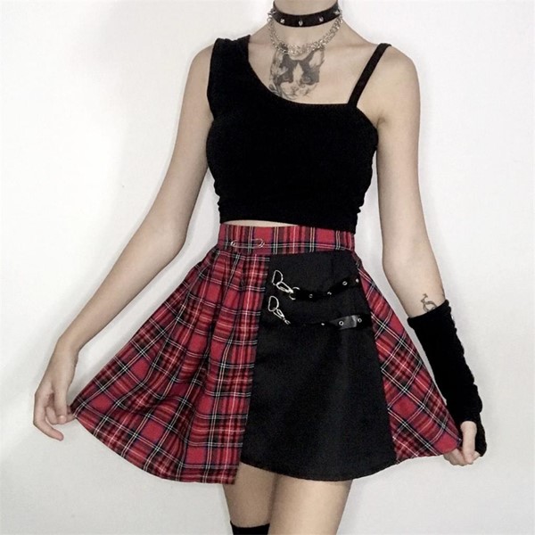 Anime Harajuku Kırmızı Ekose Kemerli Etek