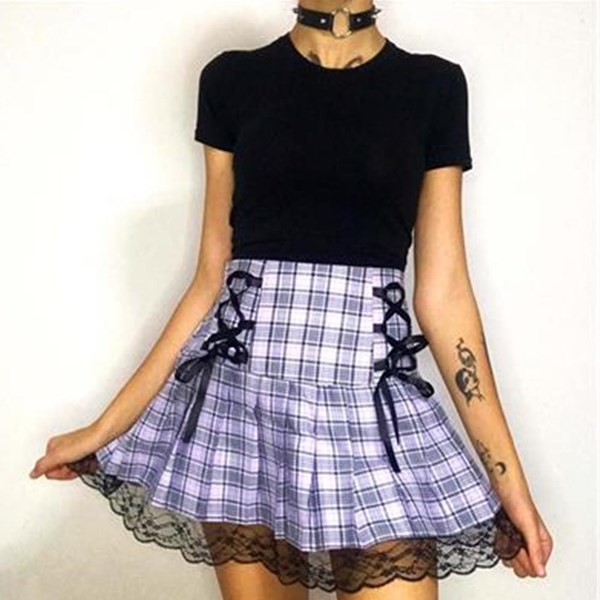 Anime Harajuku Street Dantel Detaylı Lila Ekose Pileli Etek
