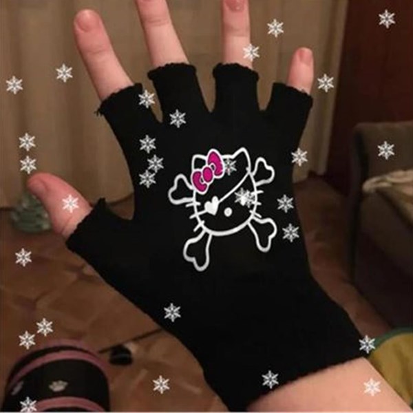 Siyah Hello Kitty Dangerous Baskılı Kesik Parmak Eldiven
